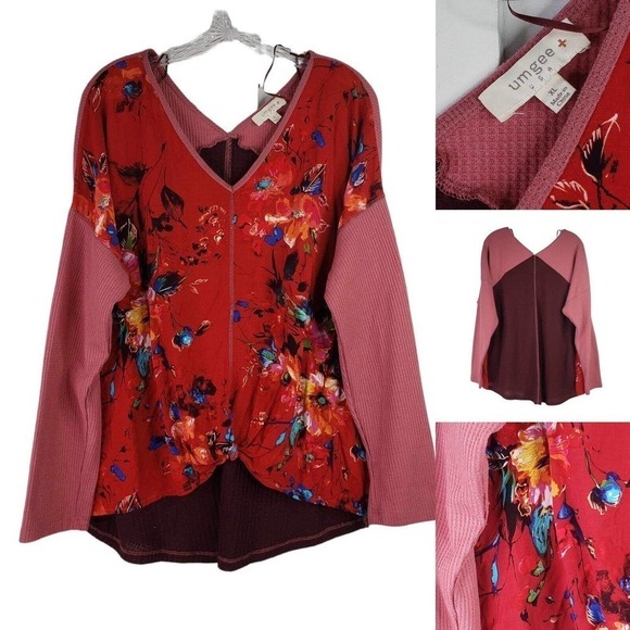 Umgee Womens Tunic Top Popover Size XL Lagenlook Floral Boho LS Cotton Rayon Red - Picture 1 of 9